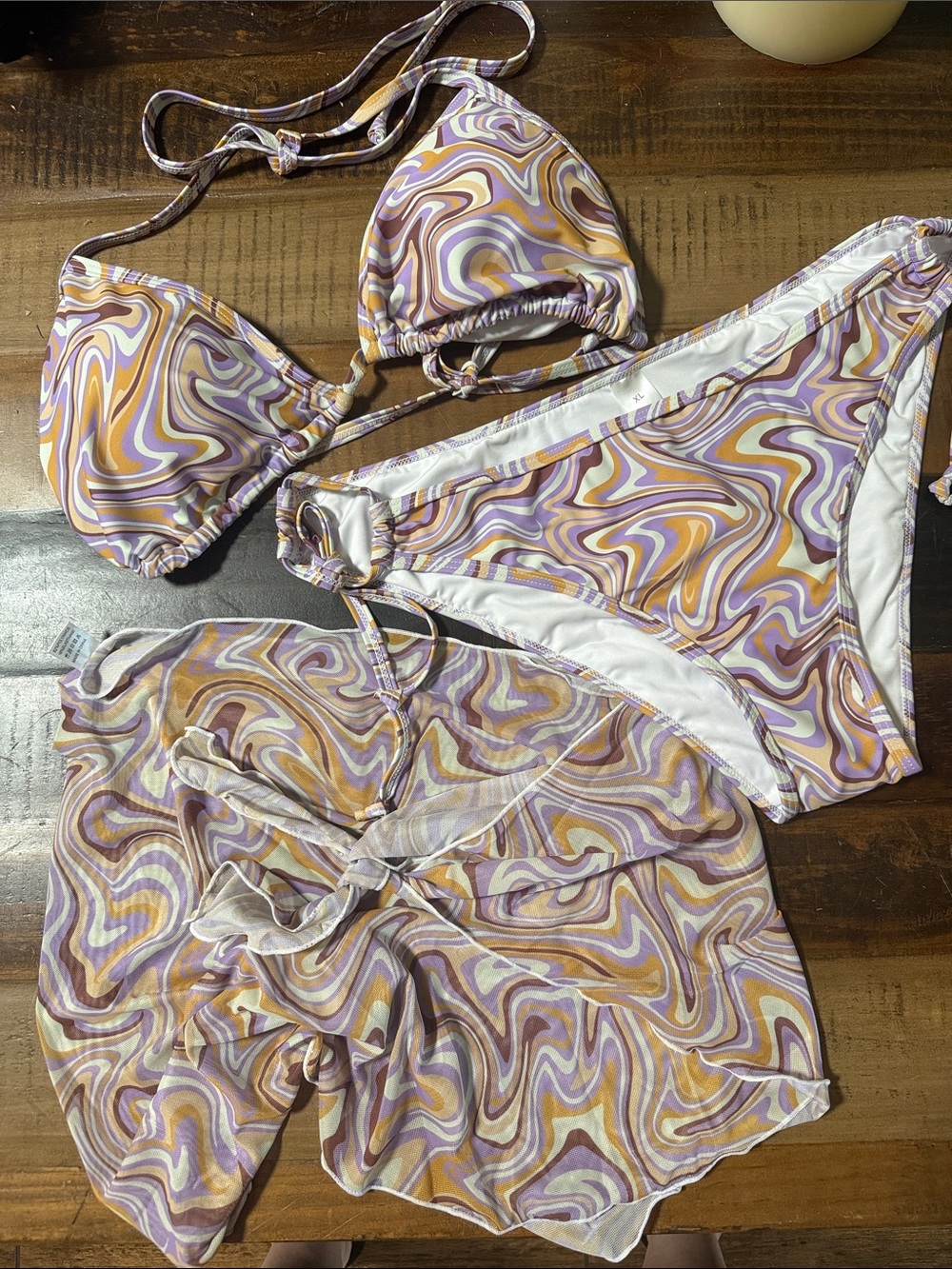 Swirl Print Bikini Set with Matching Cover-Up - Lavender & Mustard